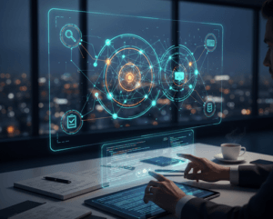 Arquitectura de Agentic Workflows en una interfaz tecnológica avanzada, mostrando nodos de redes neuronales interconectados, bucles de razonamiento cíclico y un ingeniero supervisando la orquestación de agentes de IA en tiempo real.
