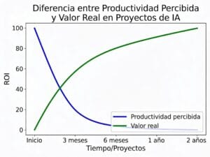 Gráfico comparativo de ROI mostrando la diferencia entre productividad percibida y valor real en proyectos de IA.