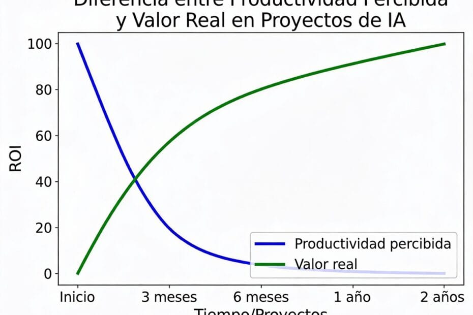 Gráfico comparativo de ROI mostrando la diferencia entre productividad percibida y valor real en proyectos de IA.