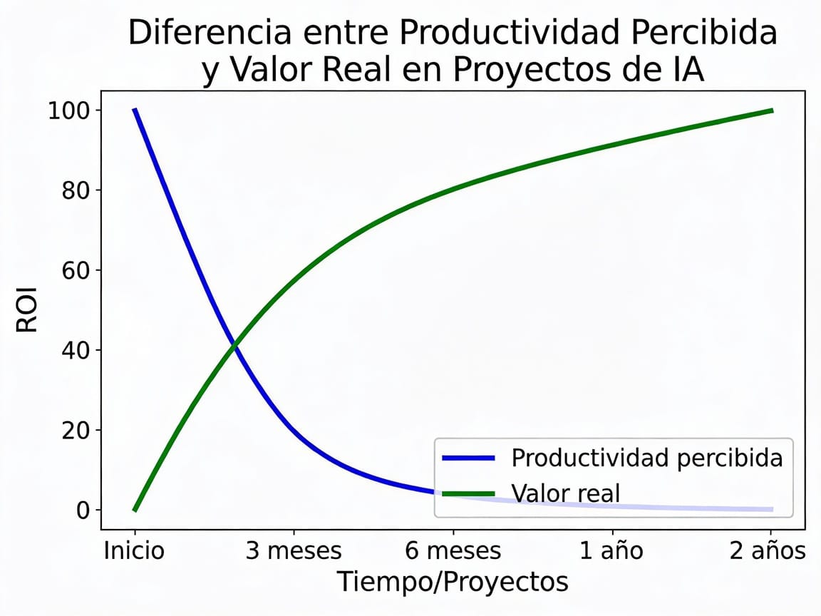 Gráfico comparativo de ROI mostrando la diferencia entre productividad percibida y valor real en proyectos de IA.