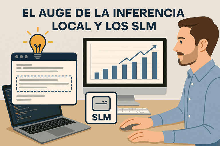 Representacion de un hombre que visualiza un ordenador ejecutando un SLM