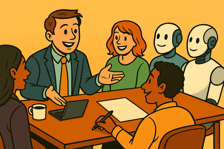 jefe de proyectos liderando y orquestando a agentes de IA con personas del equipo