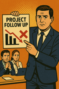 Un jefe de proyectos está preocupado mostrando una caída del rendimiento financiero del proyecto durante un follow up