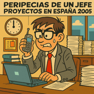 Viñeta de comic que muestra a un jefe de proyectos estresado en 2005