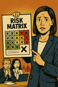 La mentira del Copy-Paste: Revoluciona tu Matriz de Riesgos con IA Jefe de proyectos preocupado exponiendo la matriz de riesgos de un proyecto