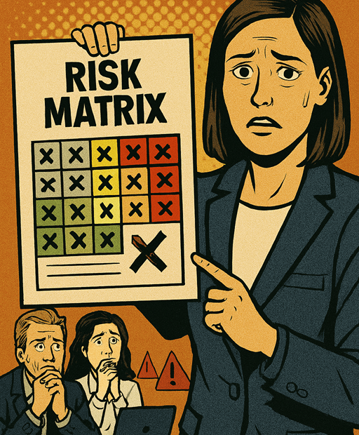 Jefe de proyectos preocupado exponiendo la matriz de riesgos de un proyecto