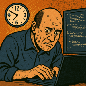 un programador sudando y sin apenas pelo en la cabeza mientras arregla corriendo un problema en el software