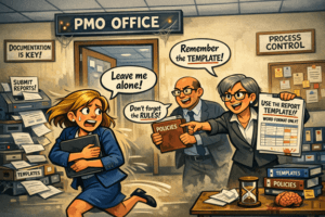 Una jefa de proyectos huyendo de dos personas de la PMO que le recuerdan que use plantillas para reporte