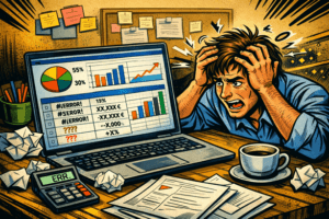 Plantilla Presupuesto de Proyecto Excel: Agente IA para Gestión del Valor Ganado (EVM) Una persona se desespera intentando averiguar si la gestión de costes que maneja es correcta