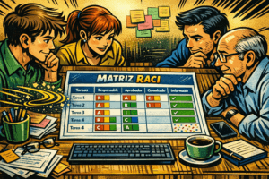 Cuatro personas revisando la propuesta de matriz RACI creada por IA en un proyecto