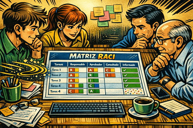 Cuatro personas revisando la propuesta de matriz RACI creada por IA en un proyecto