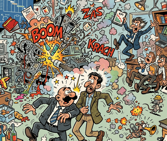 representacion comica de una explosion del sistema debido a un problema con requisitos tecnológicos